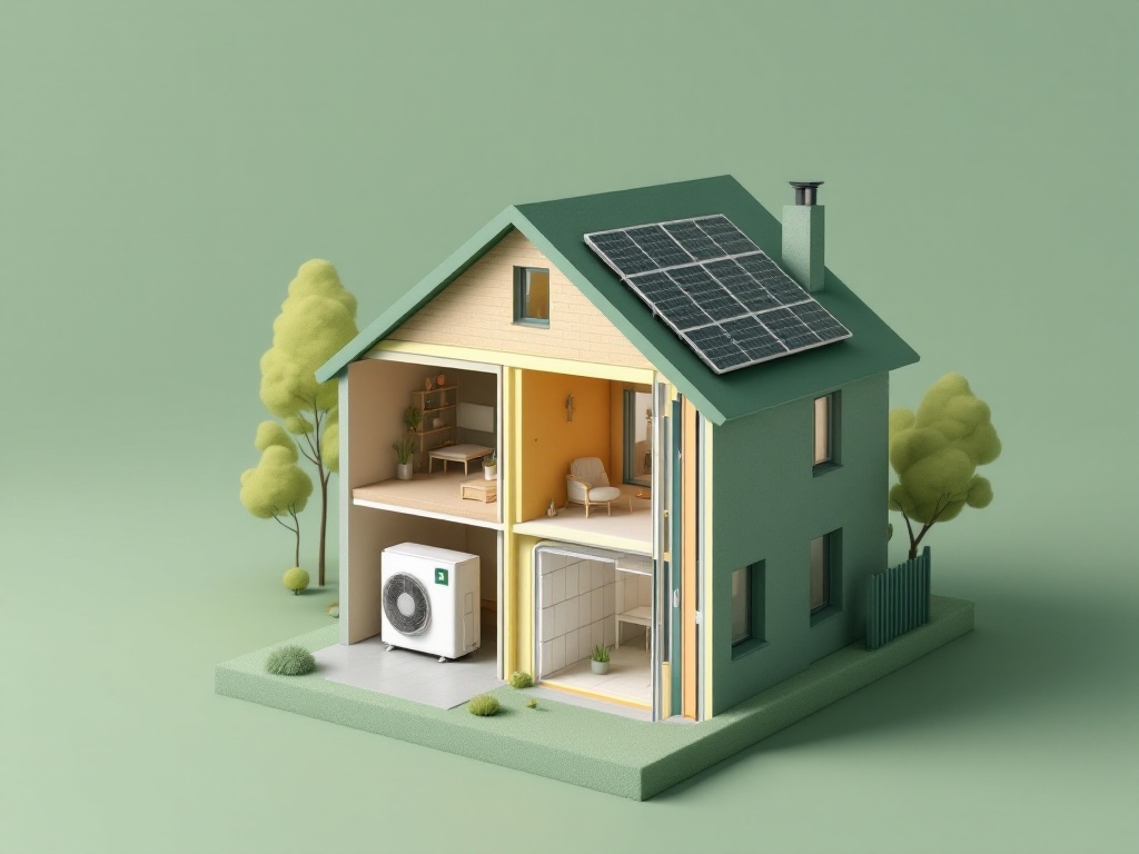 Cutaway 3D render of a house showing heat pump, insulation and solar panels